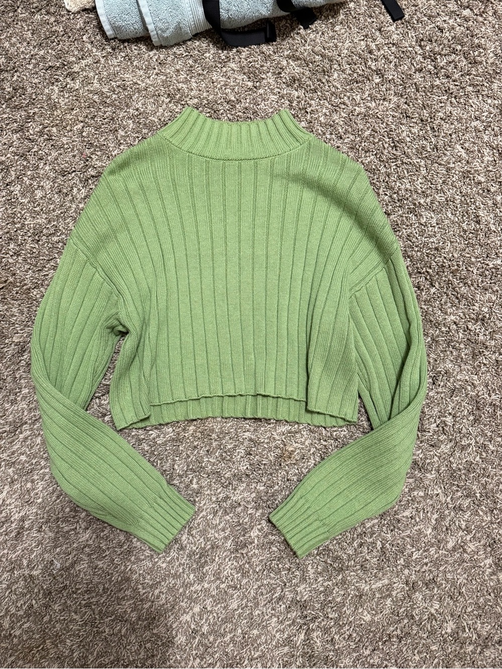 La Hearts Ribbed Mock Neck Cropped Sweater in Light Green